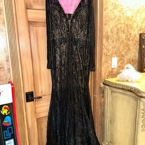 Mac Duggal Black Beaded Long-Sleeve Evening Gown